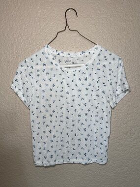 aerie White Ribbed Tee with Blue Floral Print